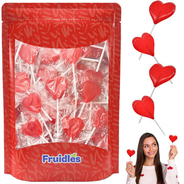 Fruidles Valentine's Heart Lollipops Candy, Red Heart Shaped Hard Candy Lollipop Suckers, Individually Wrapped, 12g Lollipop (1 