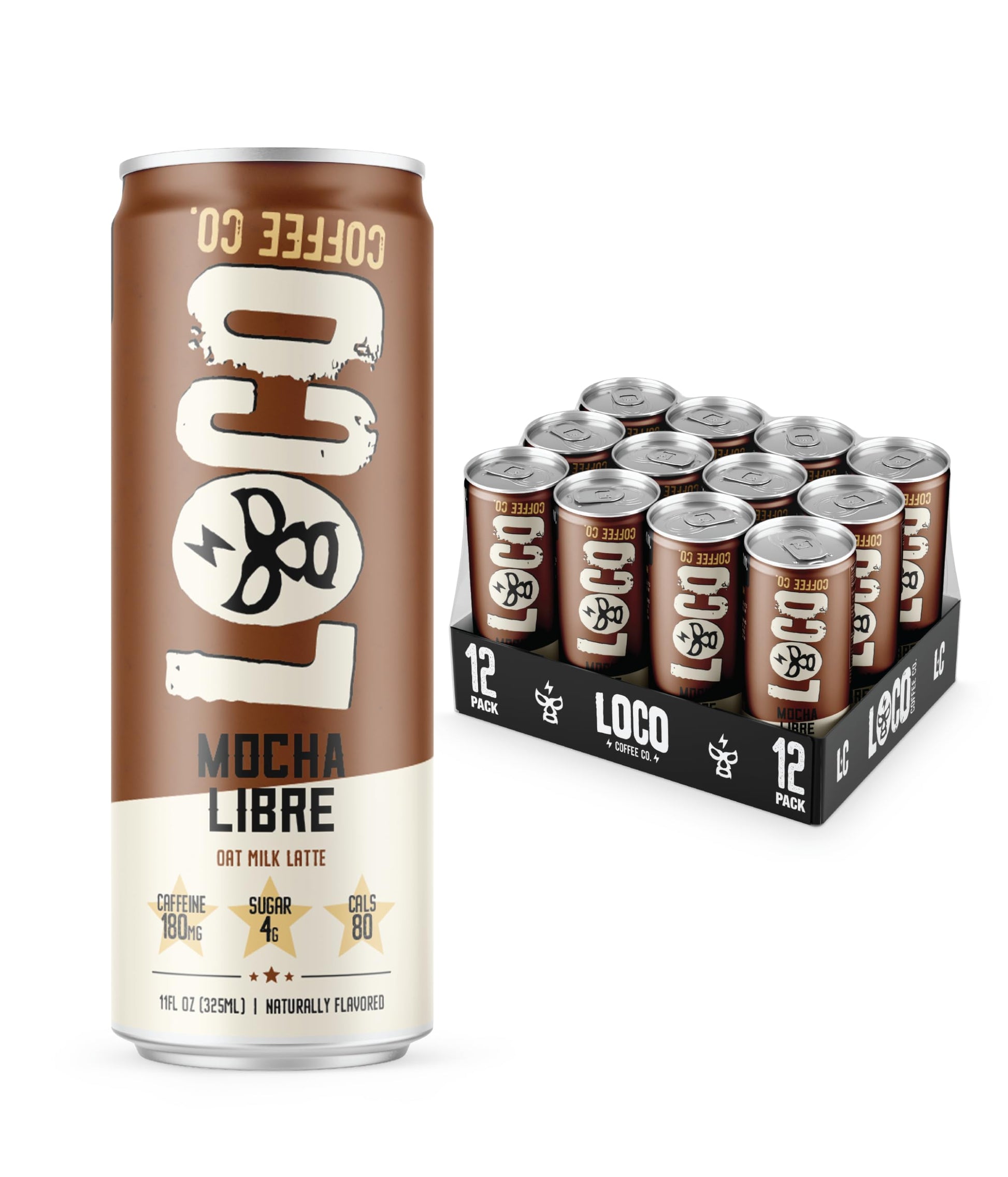 Loco Life Brew Mocha Oat Milk Latte Cold Brew Coffee, Medium Roast, 180mg Caffeine, 11oz Can, 12 Count, Gluten Free, Low Sugar