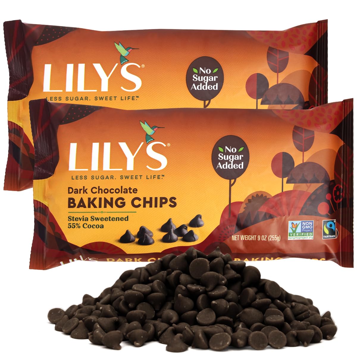 Sugar-Free Dark Chocolate Chips for Baking, 2 Bags of Lilys Baking Chips 9oz Each, Delicious Baking Chips Without the Sugar, Pe