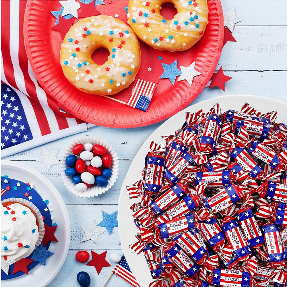 CRAZYOUTLET Patriotic Candy - 3 Pound Bulk Pack - Chocolate Caramels - Red, White, Blue Taffies for Independence Day Celebrations
