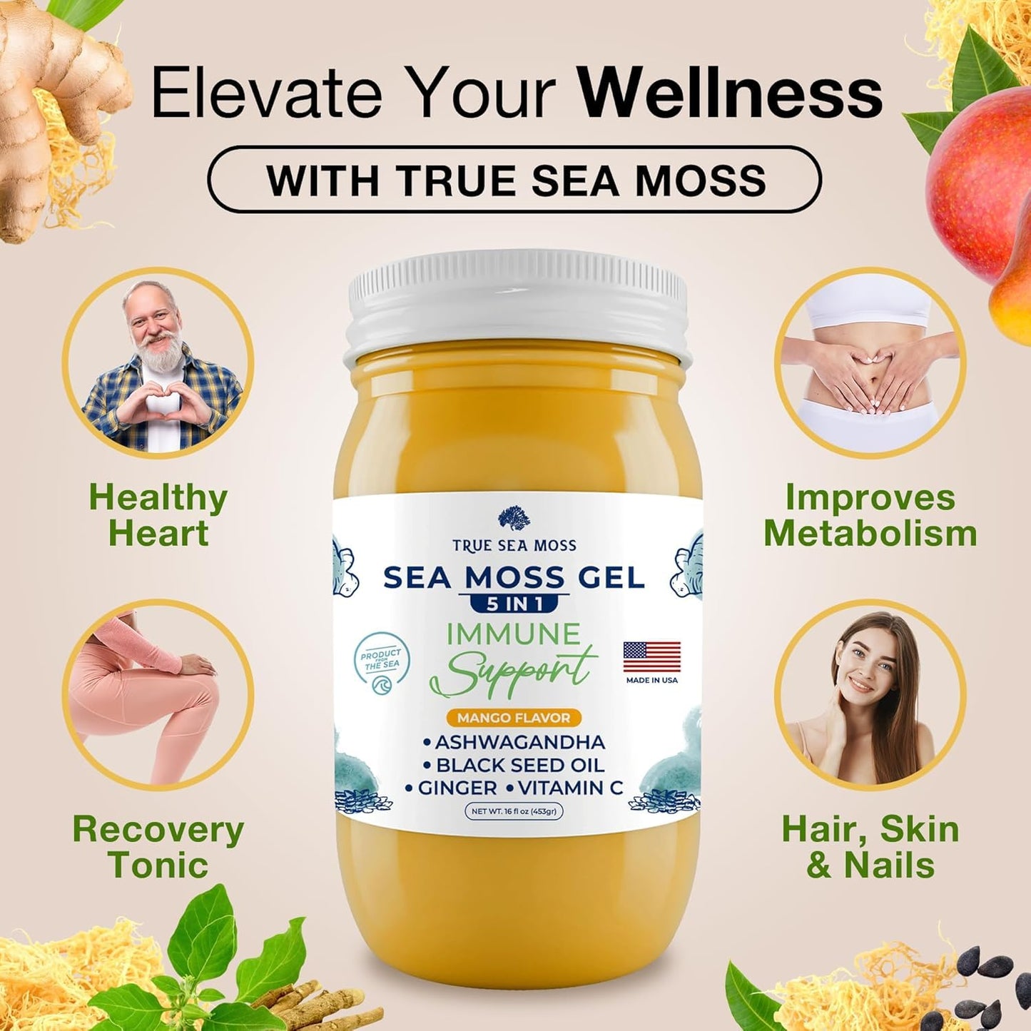 TrueSeaMoss Wildcrafted Irish Sea Moss Gel with Ashwagandha, Made with Organic Seamoss, Rich in Minerals & Vitamins - Supports H