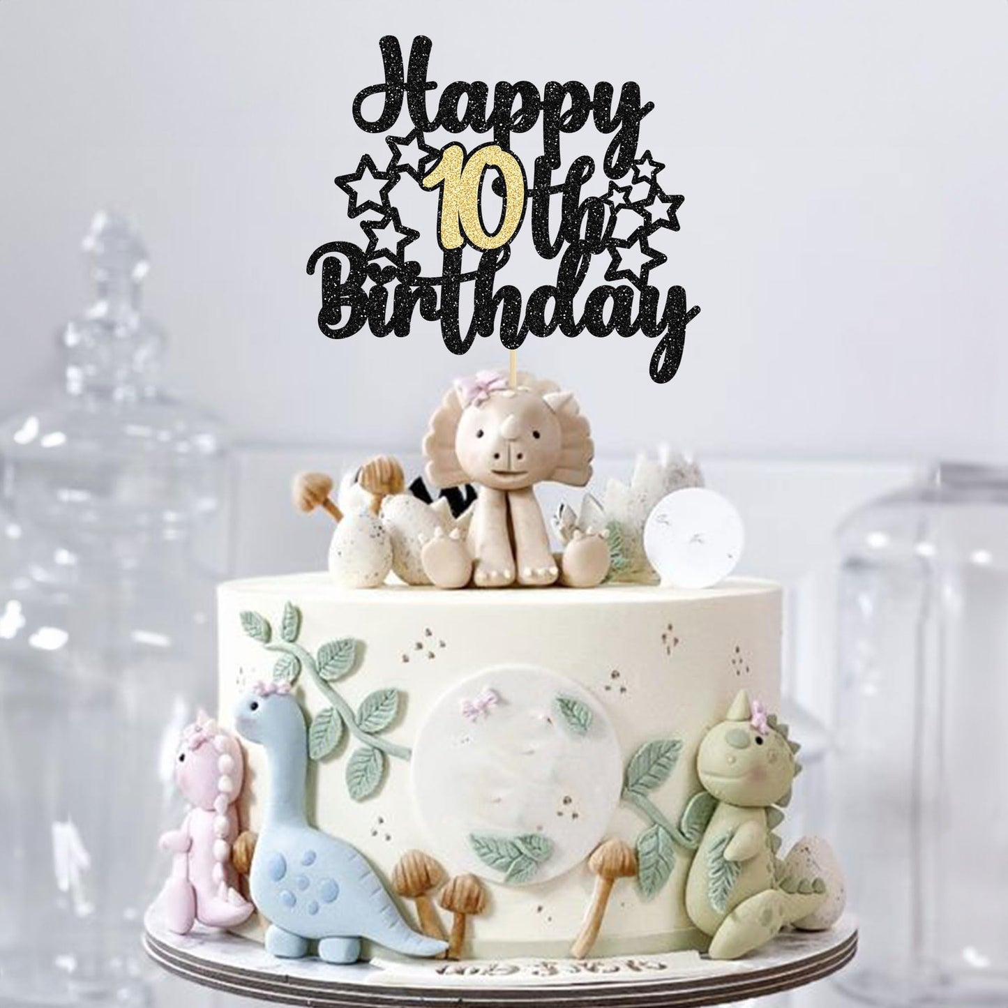 Gyufise Happy 10Th Birthday Cake Topper, 1Pc Black Gold Glitter Cheers To 10 Years, Premium Material, Food-Grade, For Birthday A
