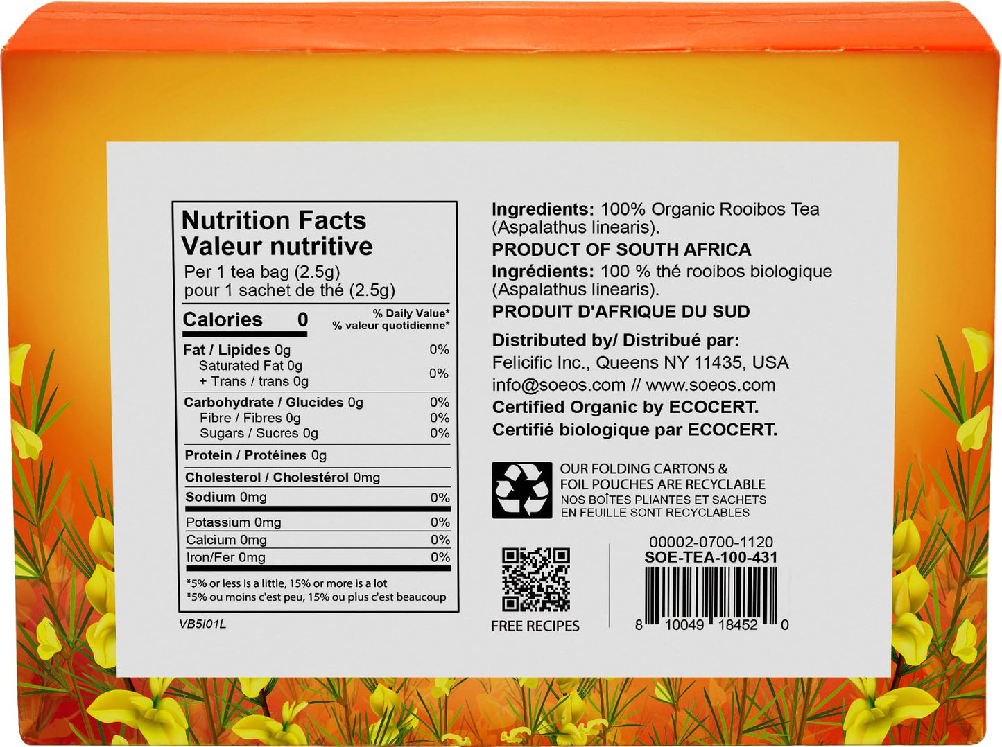 Soeos Organic Rooibos Tea, Naturally Caffeine Free, 100 Tagless Tea Bags, 9oz (250g), Black Tea