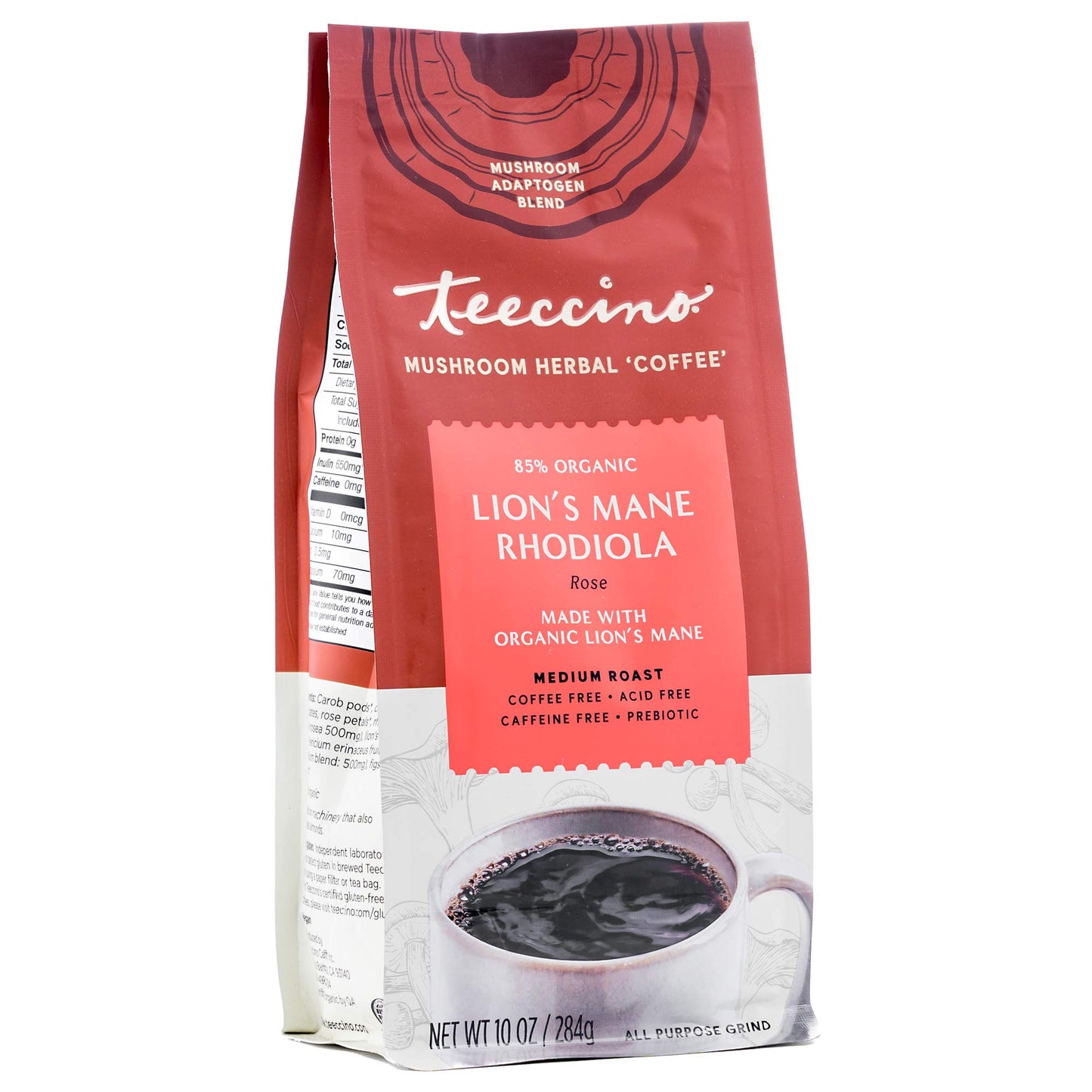 Teeccino Lion’s Mane Rhodiola Coffee Alternative, Medium Roast, 10 Oz, Caffeine Free, Prebiotic, Acid Free