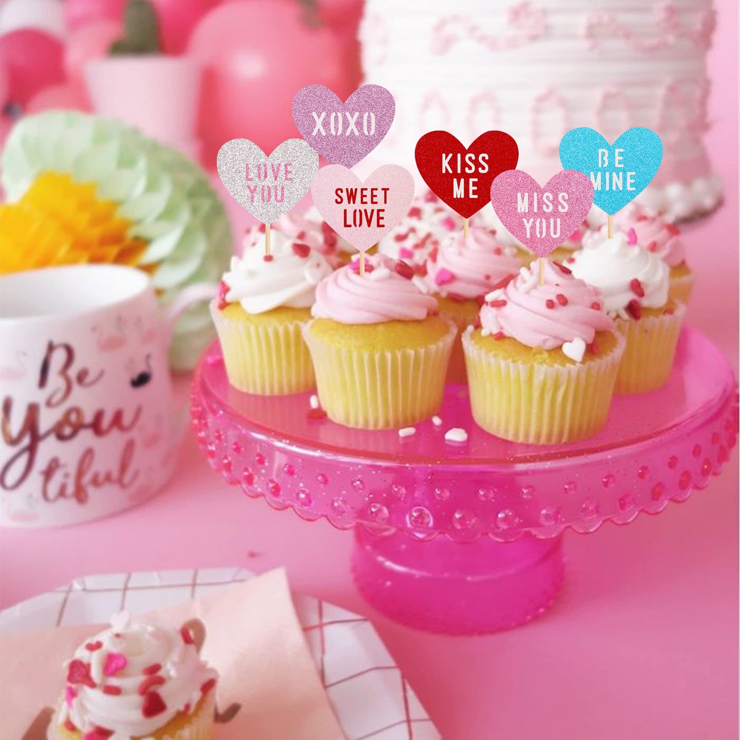 24 Pcs Valentine'S Day Heart Cupcake Toppers Glitter Double Layers Xoxo Sweet Love Be Mine Kiss Me Miss You Cupcake Picks Decora
