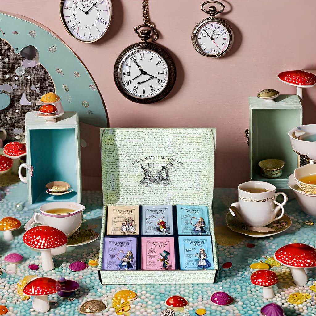 Alices Adventures in Wonderland  Wonder of Tea Gift Set  Tea Sampler includes 6 Flavors of Tea with Book Quotes and Illustrations  Set of 90