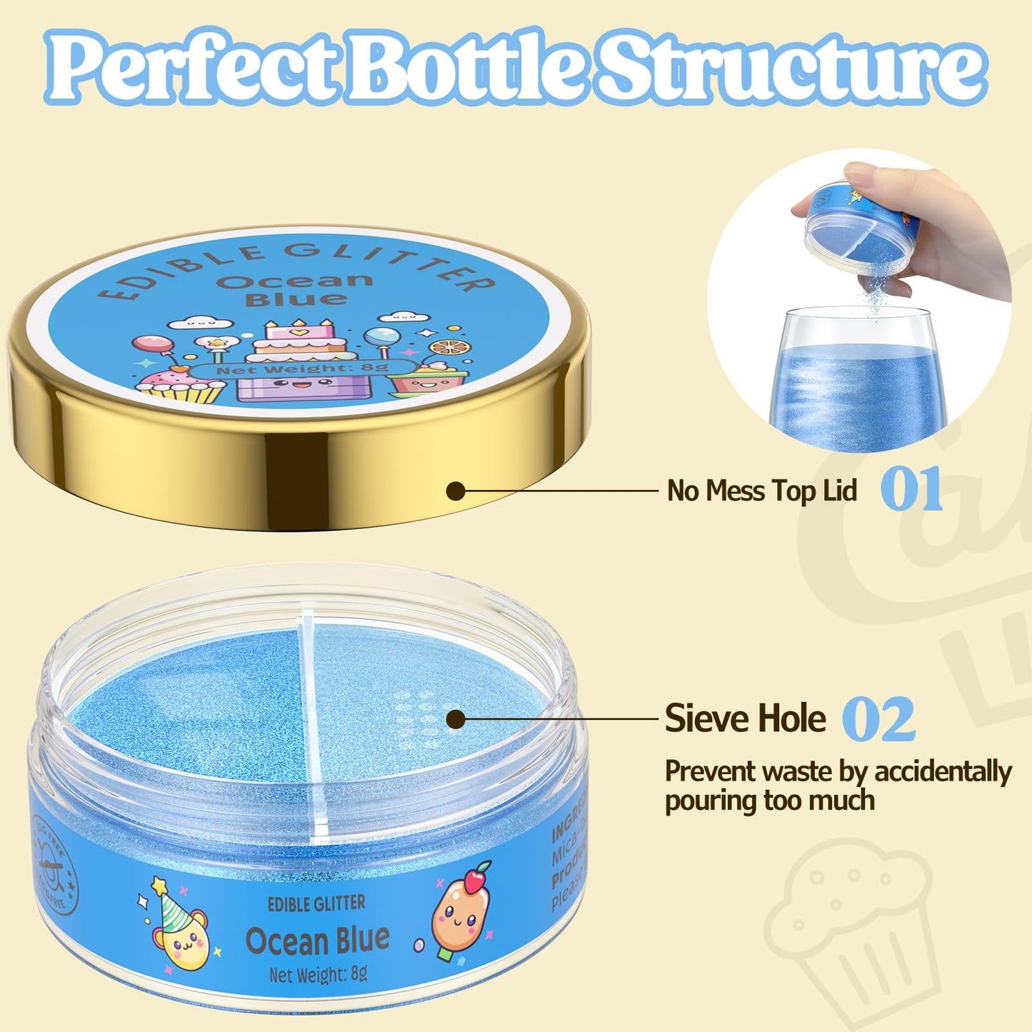Nomeca Edible Glitter for Cakes & Drinks, 8g Luster Dust Sprinkles, 9-Ocean Blue