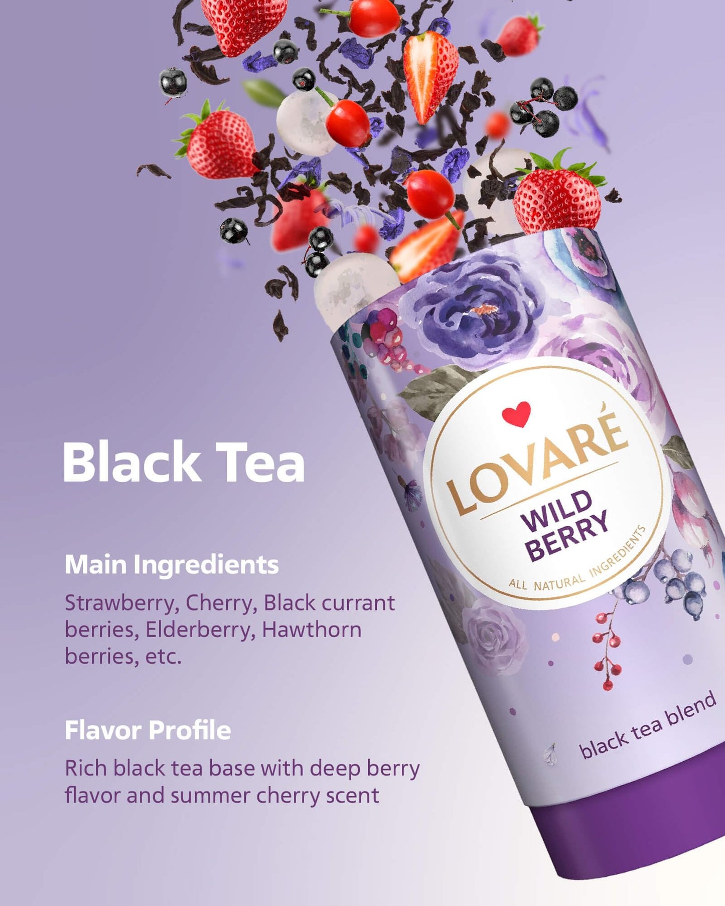 LOVARE Wild Berry Loose Leaf Tea 80 g - Made in Ukraine - Black Tea, Cherry, Roses, Hawthorn Berries, Elderberry, Black Currant