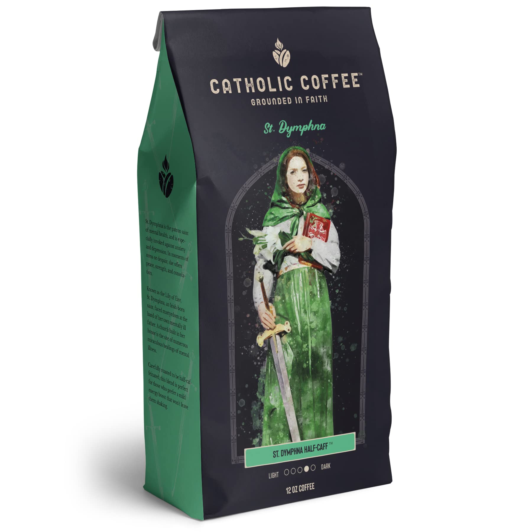Catholic Coffee Saint Dymphna Half Decaf Blend Ground Coffee, 12 Ounce, Small-Batch Craft Coffee for Catholic Faithful & Coffee Lovers
