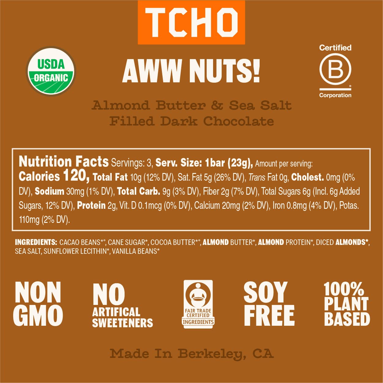 TCHO Aww Nuts! Dark Chocolate Bars, 75% Cacao, Vegan, Organic, Fair Trade, 2.5oz (Pack of 3)