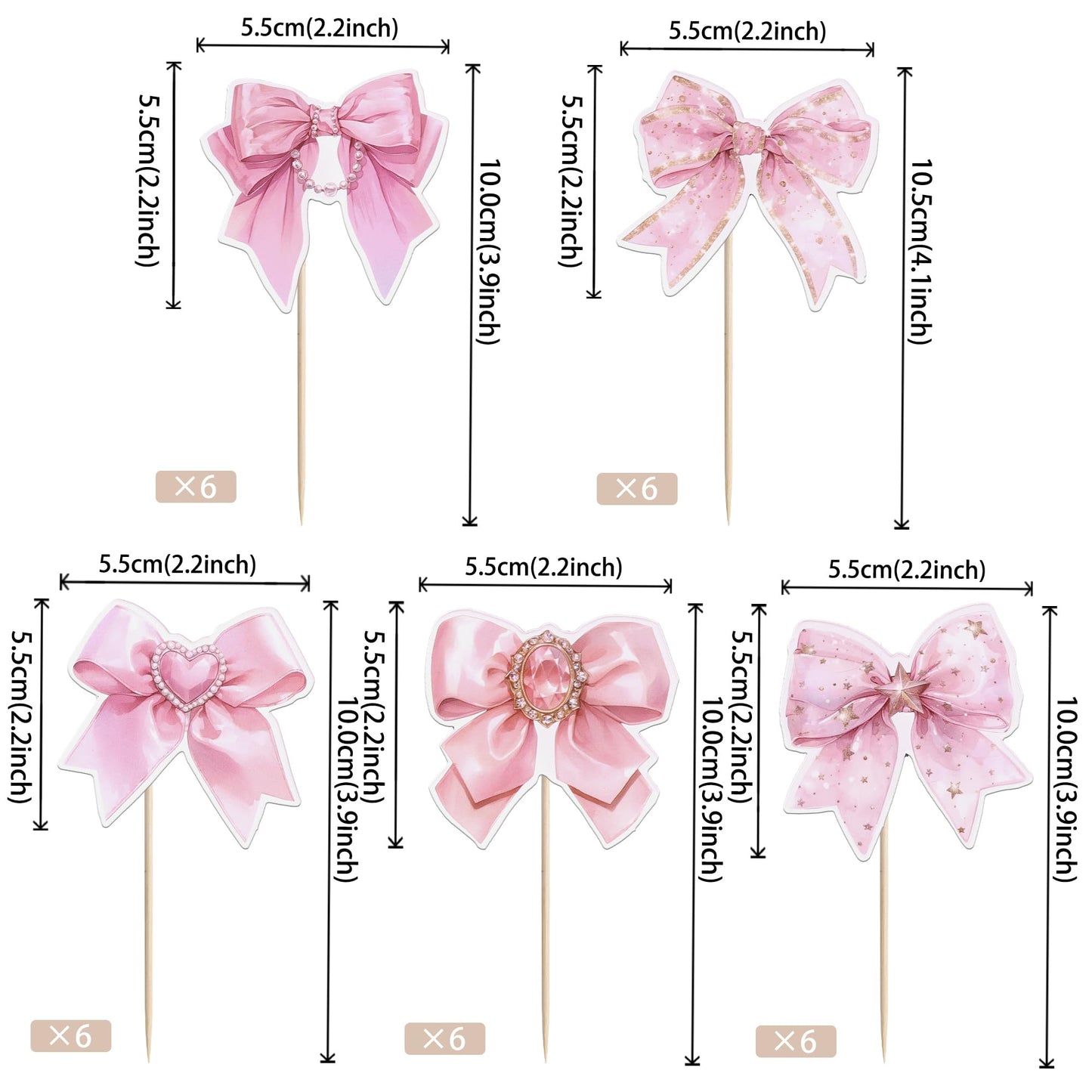 YCTHUNFISH 40 Pack Bowknot Cupcake Toppers Pink Cupcake Picks 2.2 x 4.6 inches for Wedding Bridal Shower Birthday Party Decorations