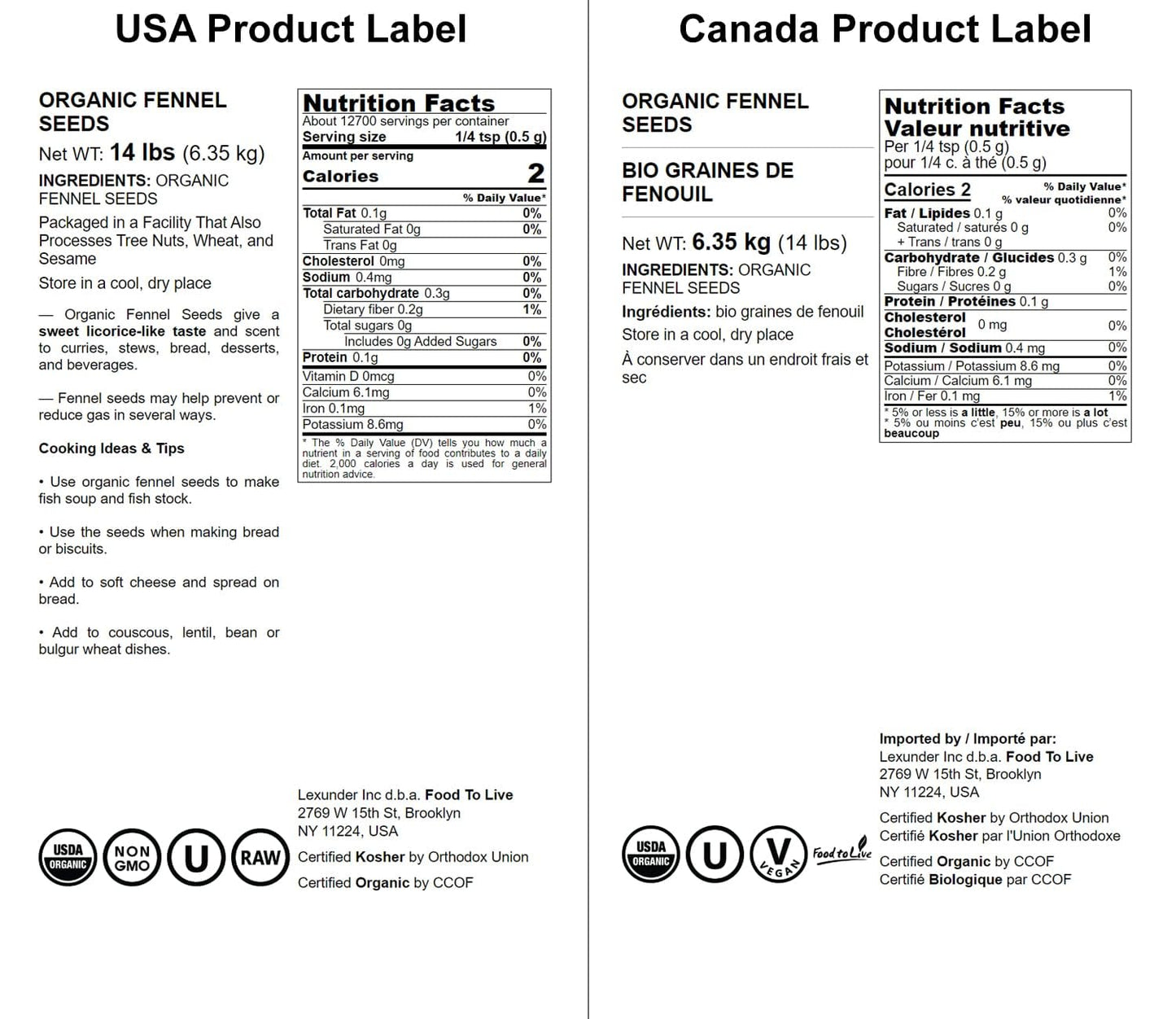 Food to Live Organic Fennel Seeds, Non-GMO, Vegan, 14 Pounds, Whole Raw Seeds, Kosher, High in Dietary Fiber