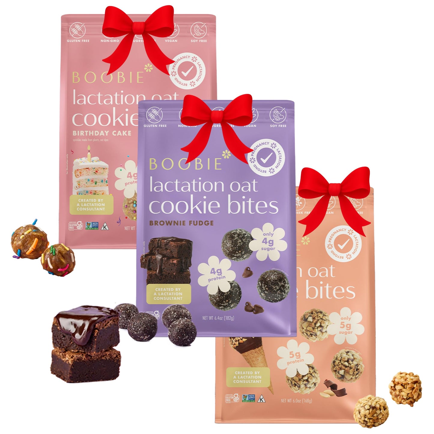 Boobie Lactation Cookies  Birthday Cake + Chocolate PB + Brownie Fudge | Vegan  Gluten-Free  Dairy-Free  Soy-Free Plant-Based Protein + Prebiotics | 5g Sugar  Non-GMO  Kosher - 7 servings  3 packs