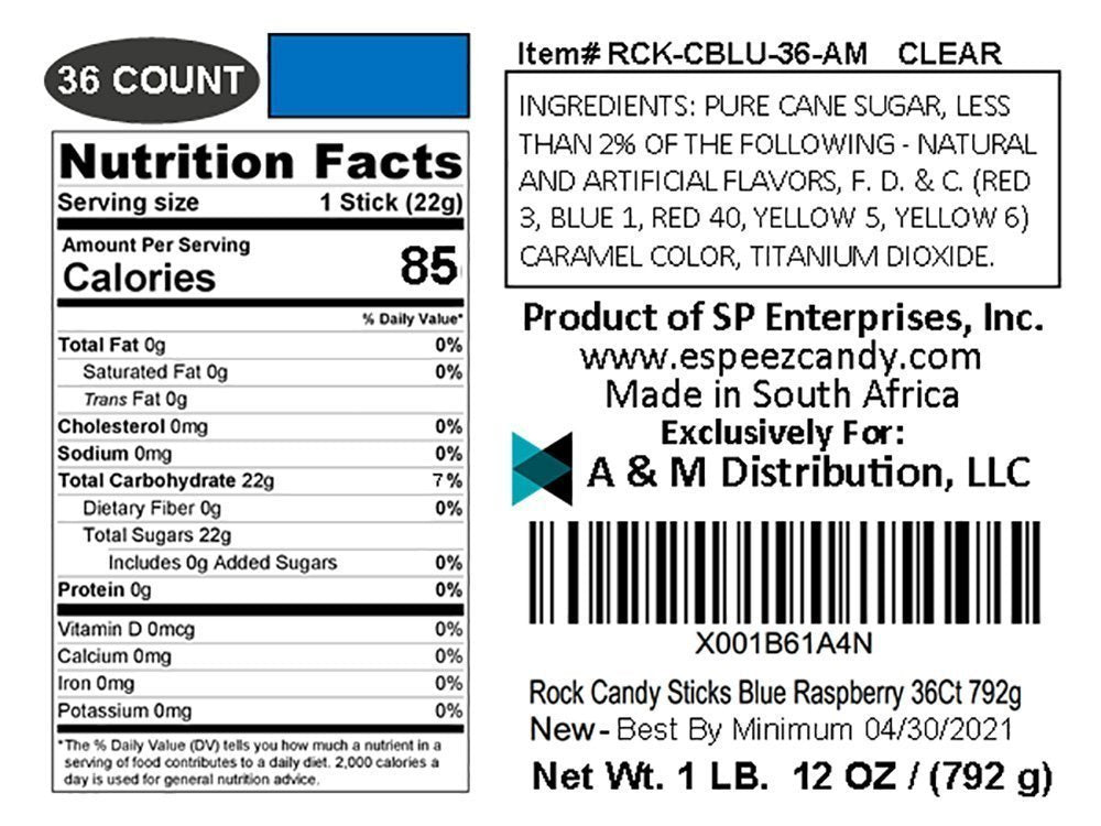 Espeez Extra Large Blue Raspberry Rock Candy Sticks - 36 Count, Individually Wrapped for Candy Buffets, Weddings, Birthdays, Showers