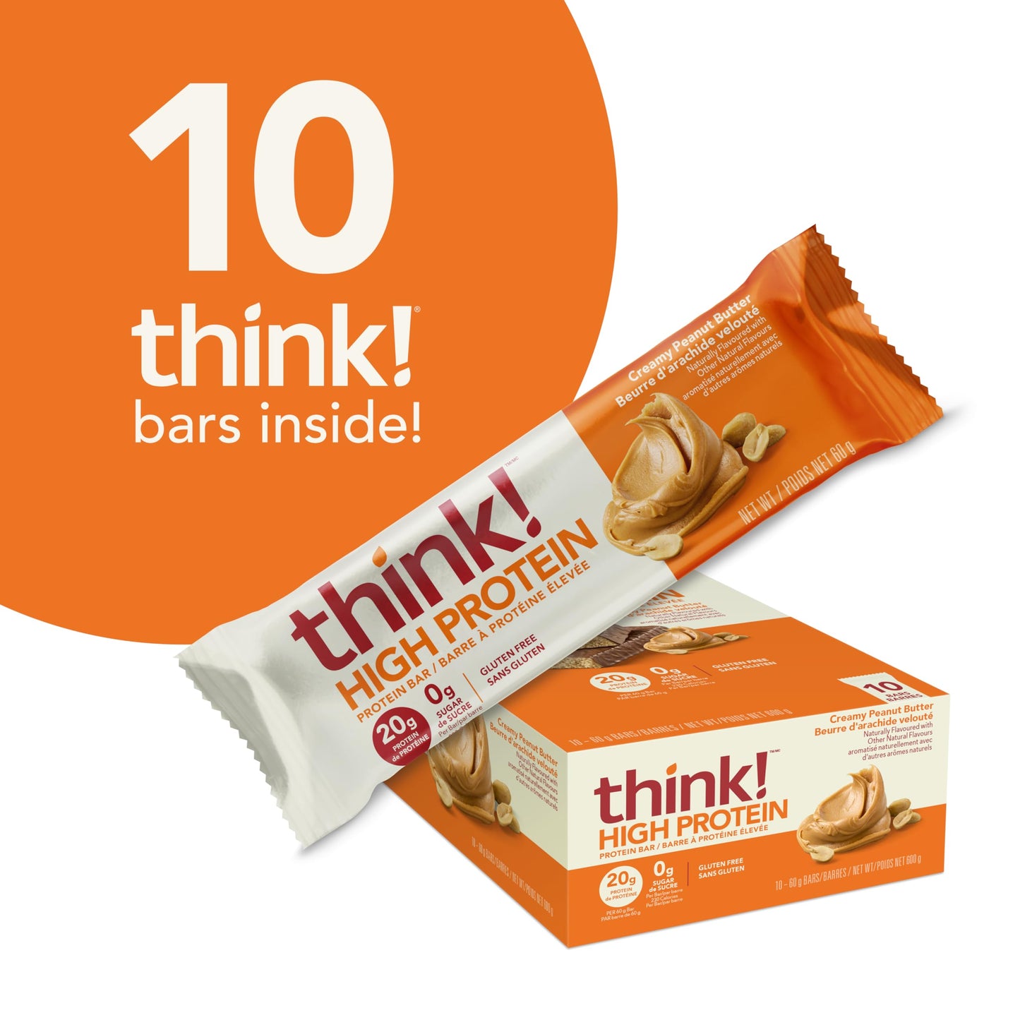think! Protein Bars, High Protein Snacks, Gluten Free, Sugar Free Energy Bar with Whey Protein Isolate, Creamy Peanut Butter, Nu