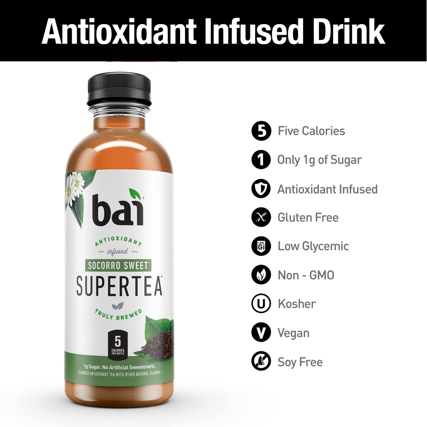 Bai Iced Tea Socorro Sweet, Antioxidant Infused Supertea, 18 Fl Oz Bottles, 12 Count