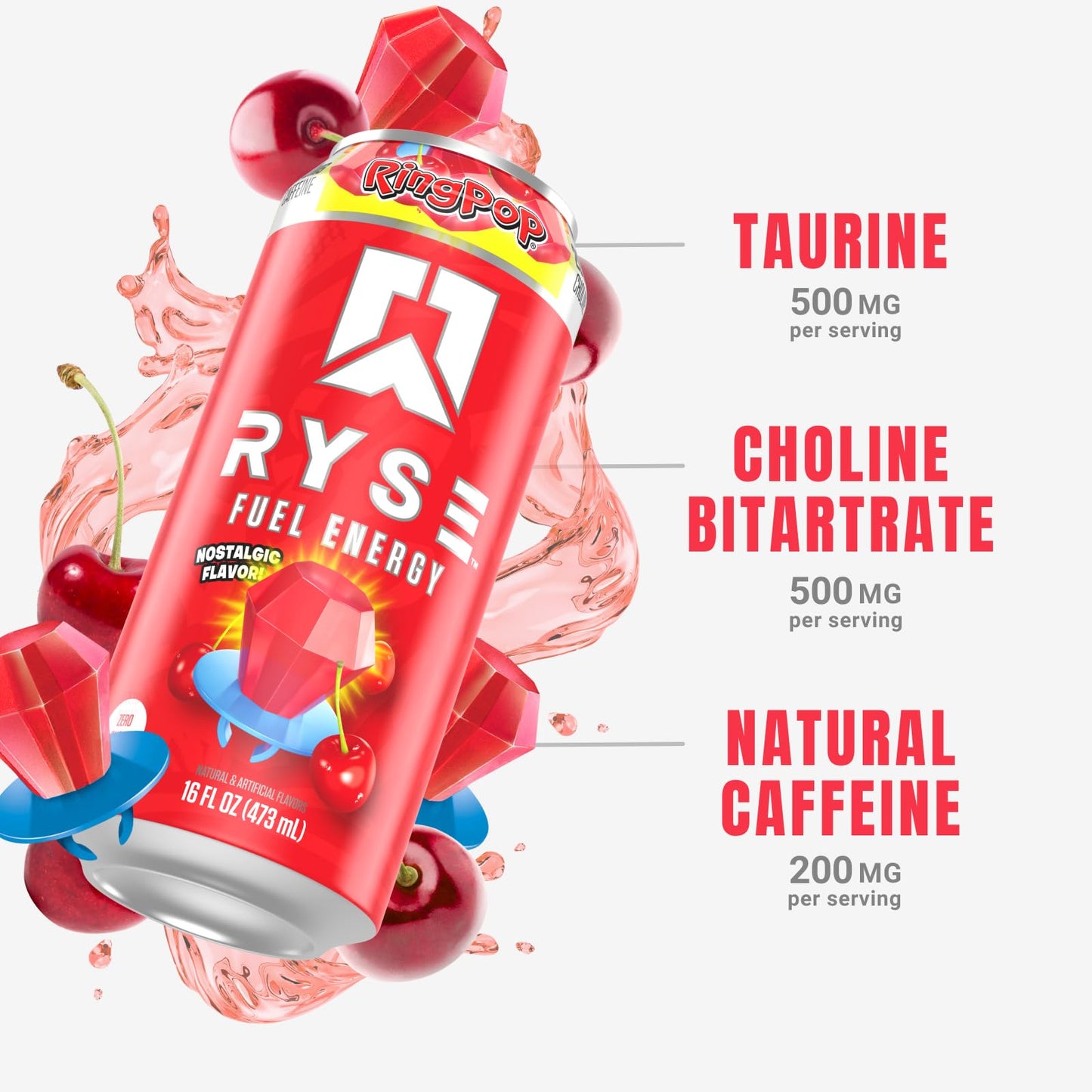 RYSE Fuel Energy Drink - Ring Pop Cherry - Sugar Free, Gluten Free, Vegan - 200mg Caffeine - 16 fl oz Cans (12-Pack)