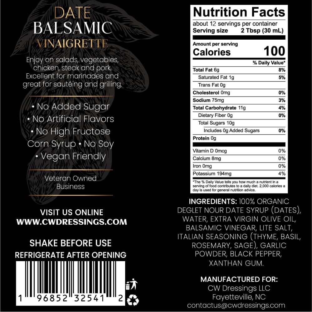 Cw Dressings - Award-Winning Date Balsamic Vinaigrette Marinade & Salad Dressing Made W/Deglet Nour Date Syrup, Extra Virgin Oli