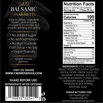 Cw Dressings - Award-Winning Date Balsamic Vinaigrette Marinade & Salad Dressing Made W/Deglet Nour Date Syrup, Extra Virgin Oli