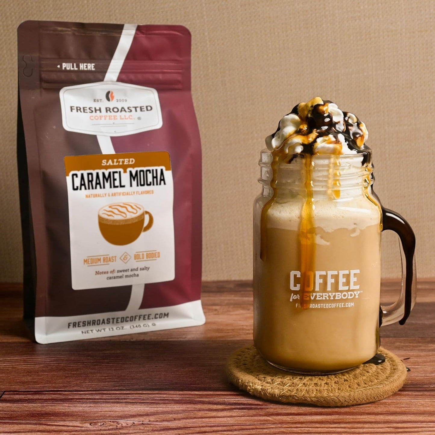 Fresh Roasted Coffee Salted Caramel Mocha Flavored Whole Bean Coffee 12 oz Medium Roast Kosher