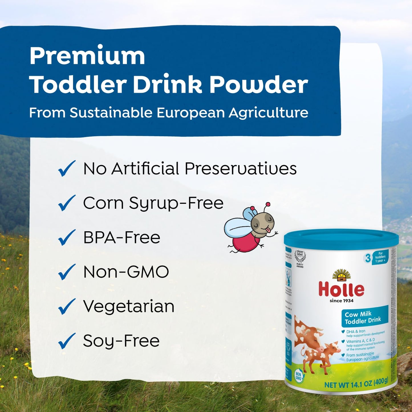 Holle Toddler Nutritional Drink, Non-GMO Cow Milk-Based Gentle Formula, for Kids 12-36 Months, 14 oz