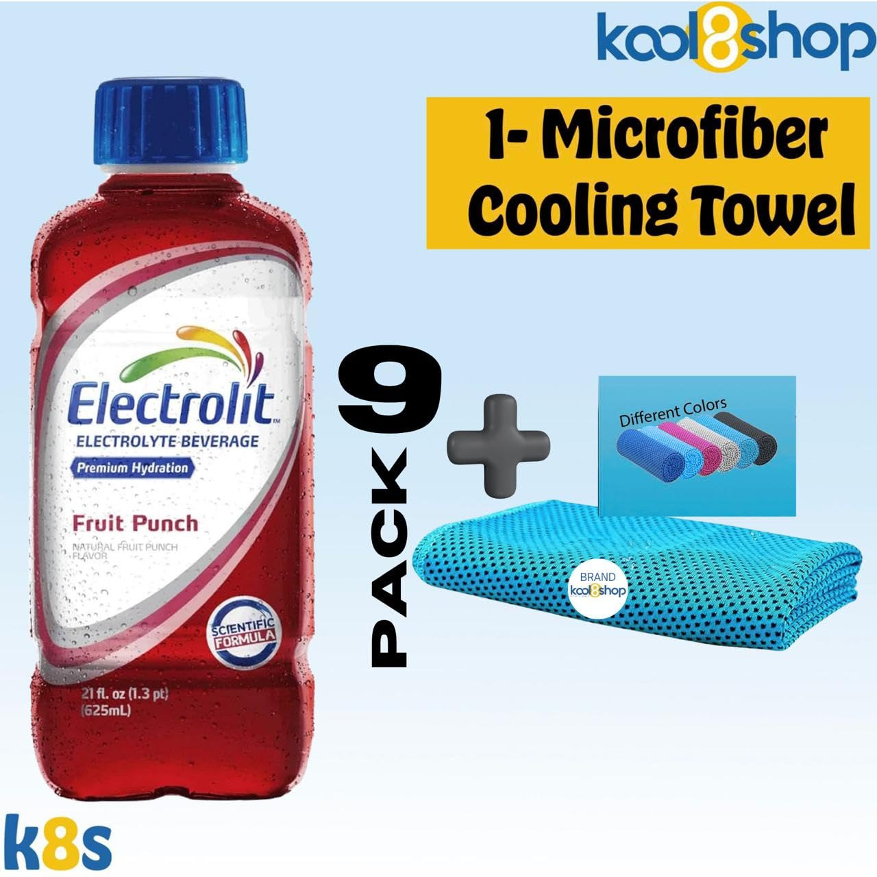 Electrolit Fruit Punch Hydration Drink With Electrolytes 21 Fl Oz Plastic Bottles 9 Pack + 1 Microfiber Cooling Towel By Kool8Sh