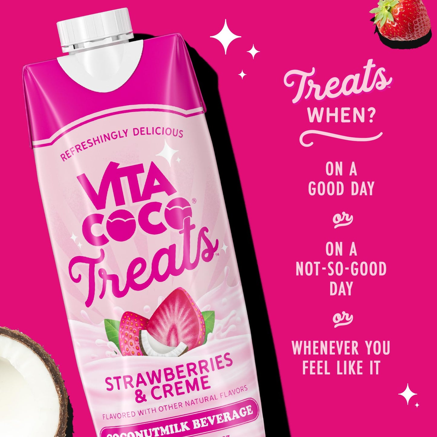 Vita Coco Treats Strawberries & Cream Coconut Milk Drink | Sweet, Refreshing, Treat | Lower Sugar Pink Drink Alternative| 16.9 f