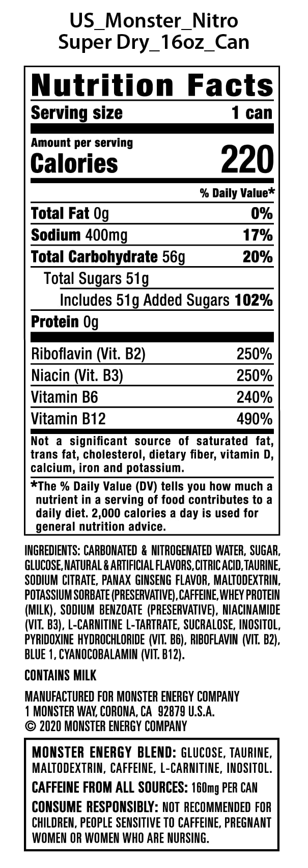 Monster Energy Nitro Super Dry Energy Drink, Maximum Strength, 16 Fl Oz, Pack of 15