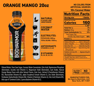 Bodyarmor Sports Drink Sports Beverage, Orange Mango, Coconut Water Hydration, Natural Flavors With Vitamins, Potassium-Packed Electrolytes, Perfect For Athletes, 20 Fl Oz (Pack Of 6)