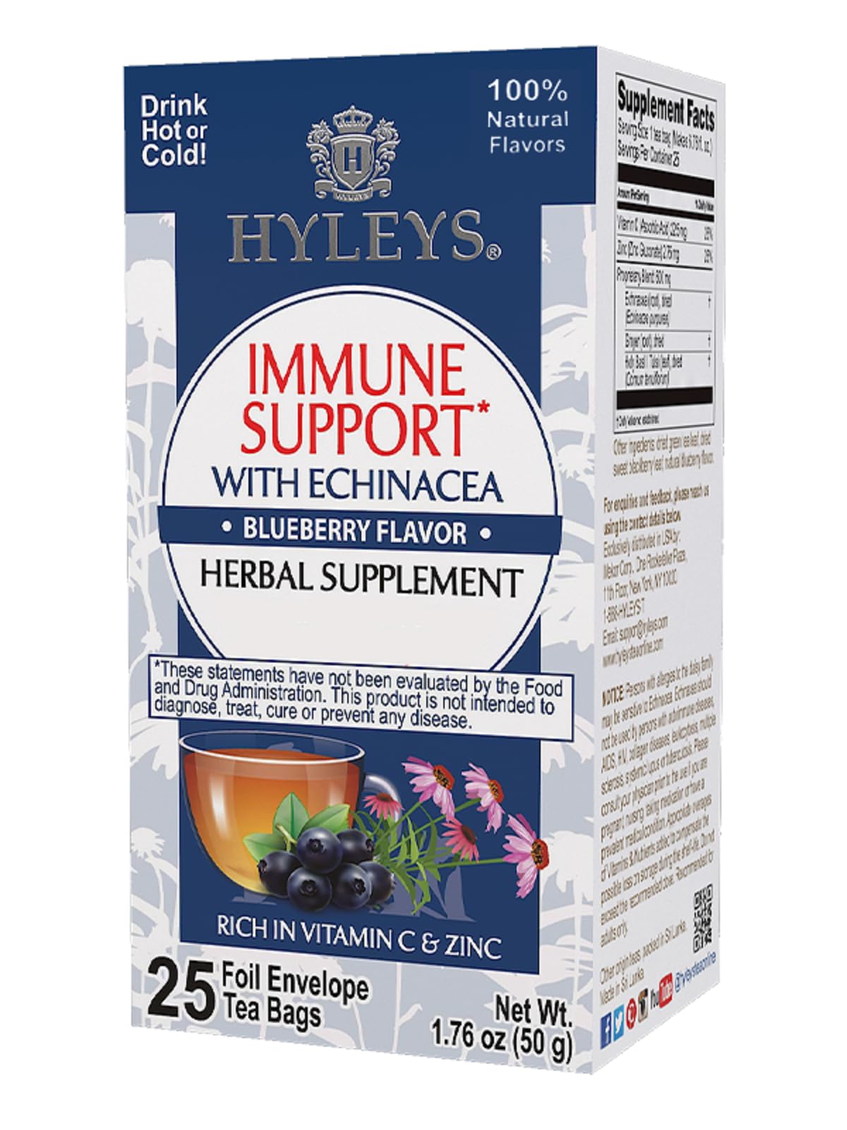 Hyleys Immunity Tea With Echinacea Blueberry Flavor - 25 Tea Bags (1 Pack) - Support Your Immune System