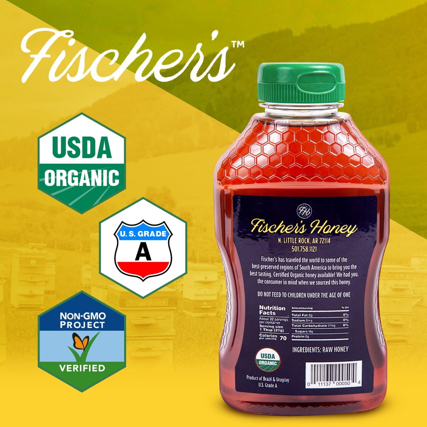 Fischers 100% Organic Raw Honey, USDA Certified, 24 Oz - Pure, Unfiltered Natural Sweetener