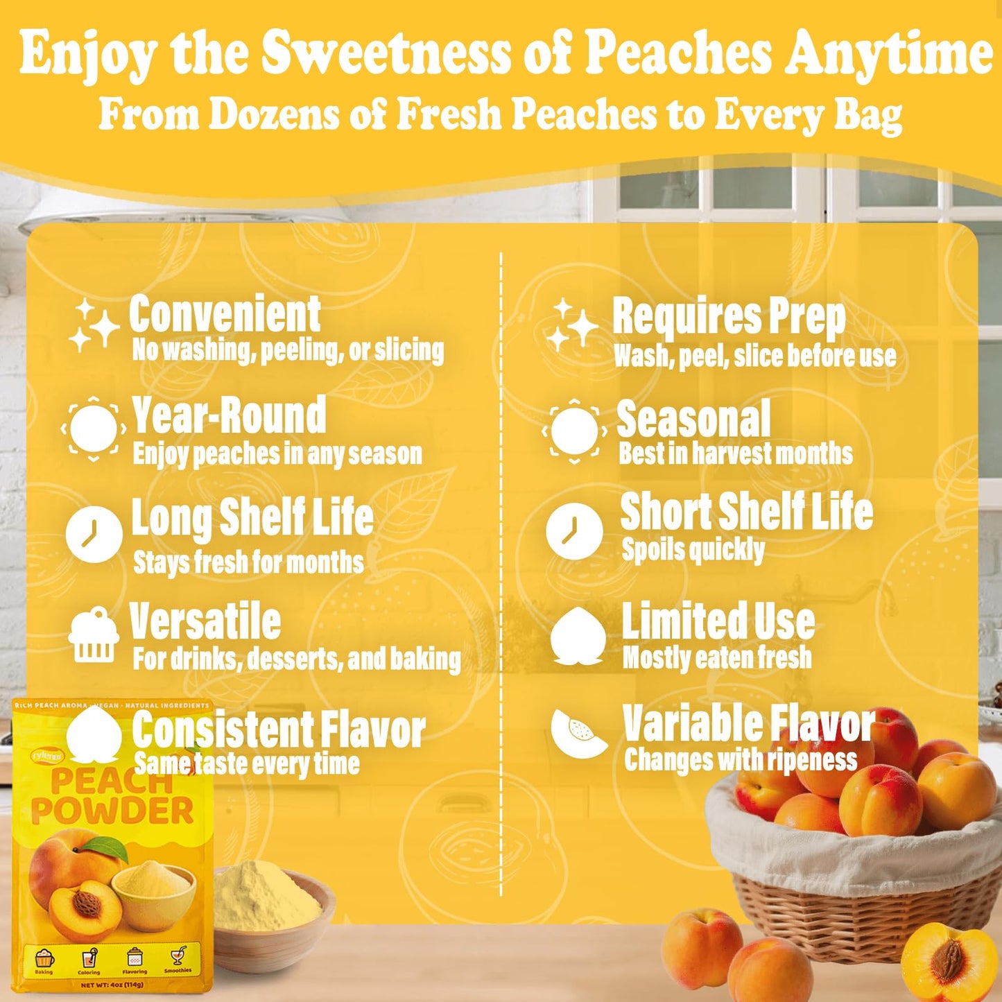 Peach Powder, 4 oz/114 g Rich Peach Flavoring for Baking, Smoothies, Desserts & Drinks, Alternative to Frozen Peaches & Freeze D