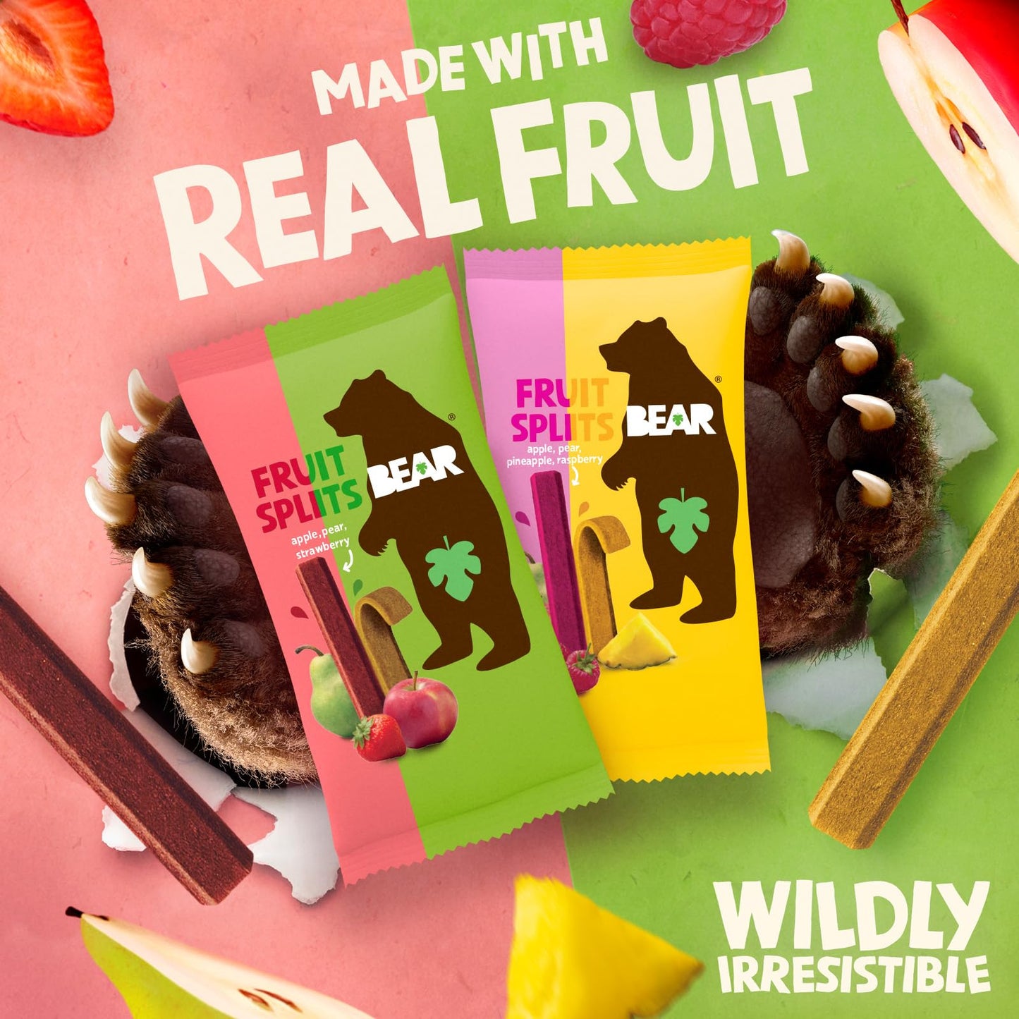 BEAR Real Fruit Snack Splits - Gluten Free, Vegan, and Non-GMO - Variety Pack (Apple/Strawberry, Raspberry/Pineapple)- Healthy S