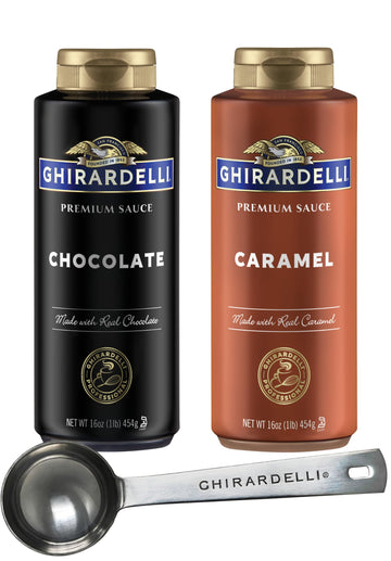 Ghirardelli Caramel and Chocolate Sauce Set of 2 Squeeze Bottles 16 Ounce with Stamped Barista Spoon