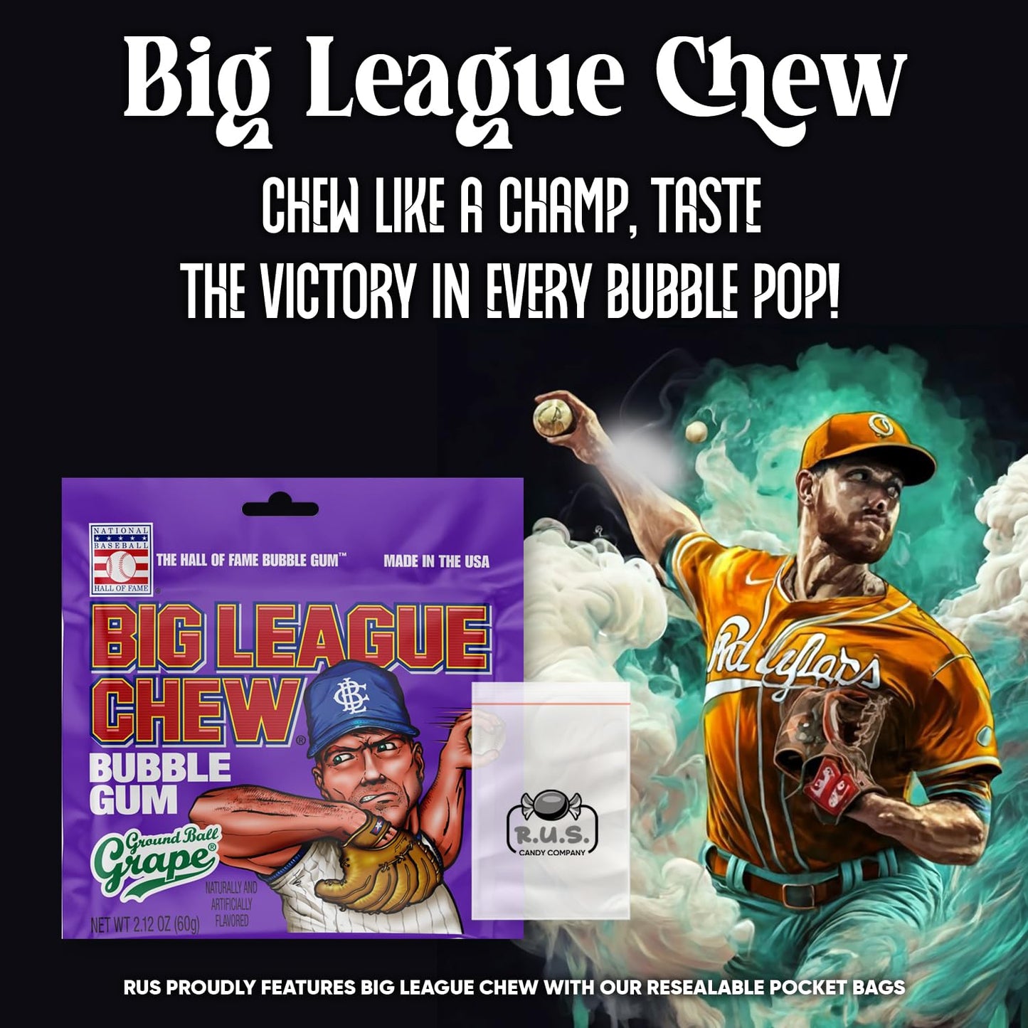 Big League Chew- Ground Ball Grape Flavored Shredded Bubble Gum- 3 Pack- 2.12Oz Each Plus Rus Candy Company Pocket Bag Bundle (G