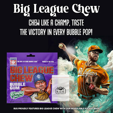 Big League Chew- Ground Ball Grape Flavored Shredded Bubble Gum- 3 Pack- 2.12Oz Each Plus Rus Candy Company Pocket Bag Bundle (G