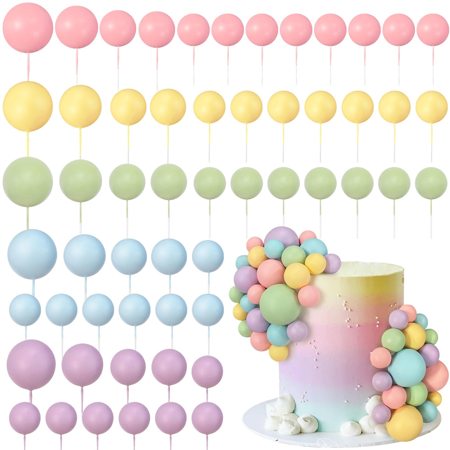 56 PCS Colorful Ball Shaped Cake Topper Pearl Picks for Cupcake Insert, Birthday Party, Wedding Decoration Supplies (Pink, Yello