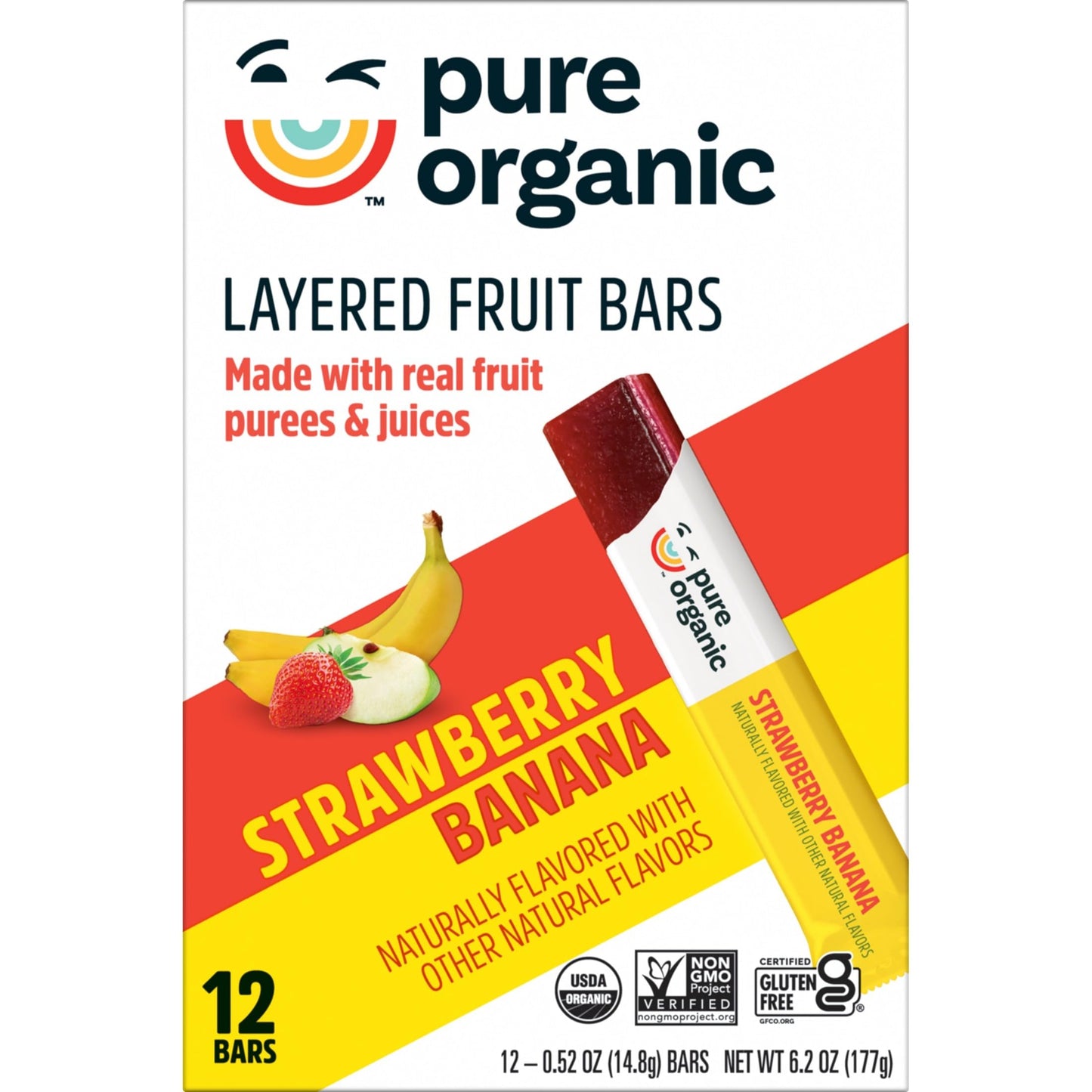 Pure Organic  Layered Fruit Bars  Strawberry Banana  Gluten Free and Vegan Fruit Snacks  6.2oz Box (12 Count)