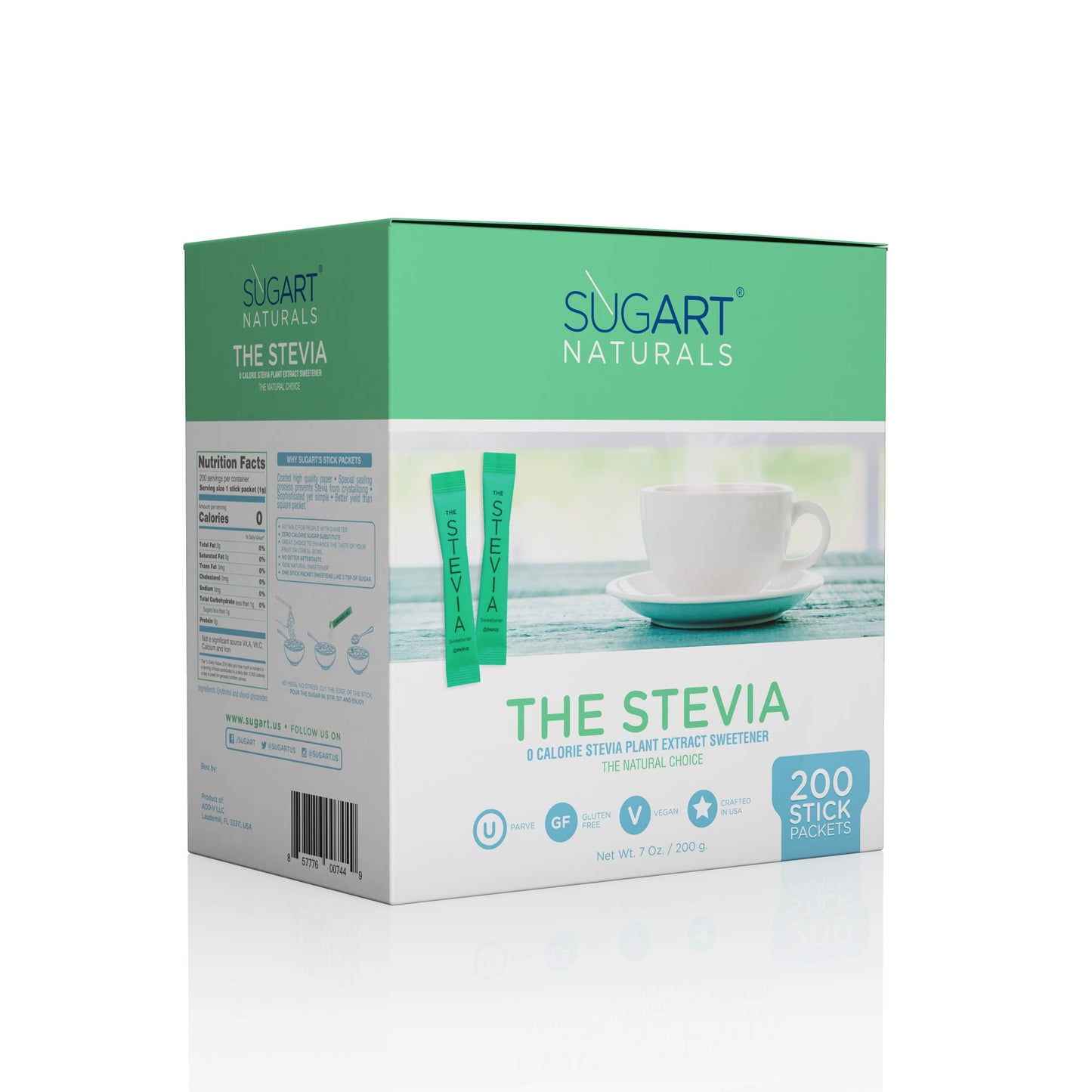 SUGART THE STEVIA Zero Calorie Sweetener Stick Packets - 200 Count - U Parve/Kosher
