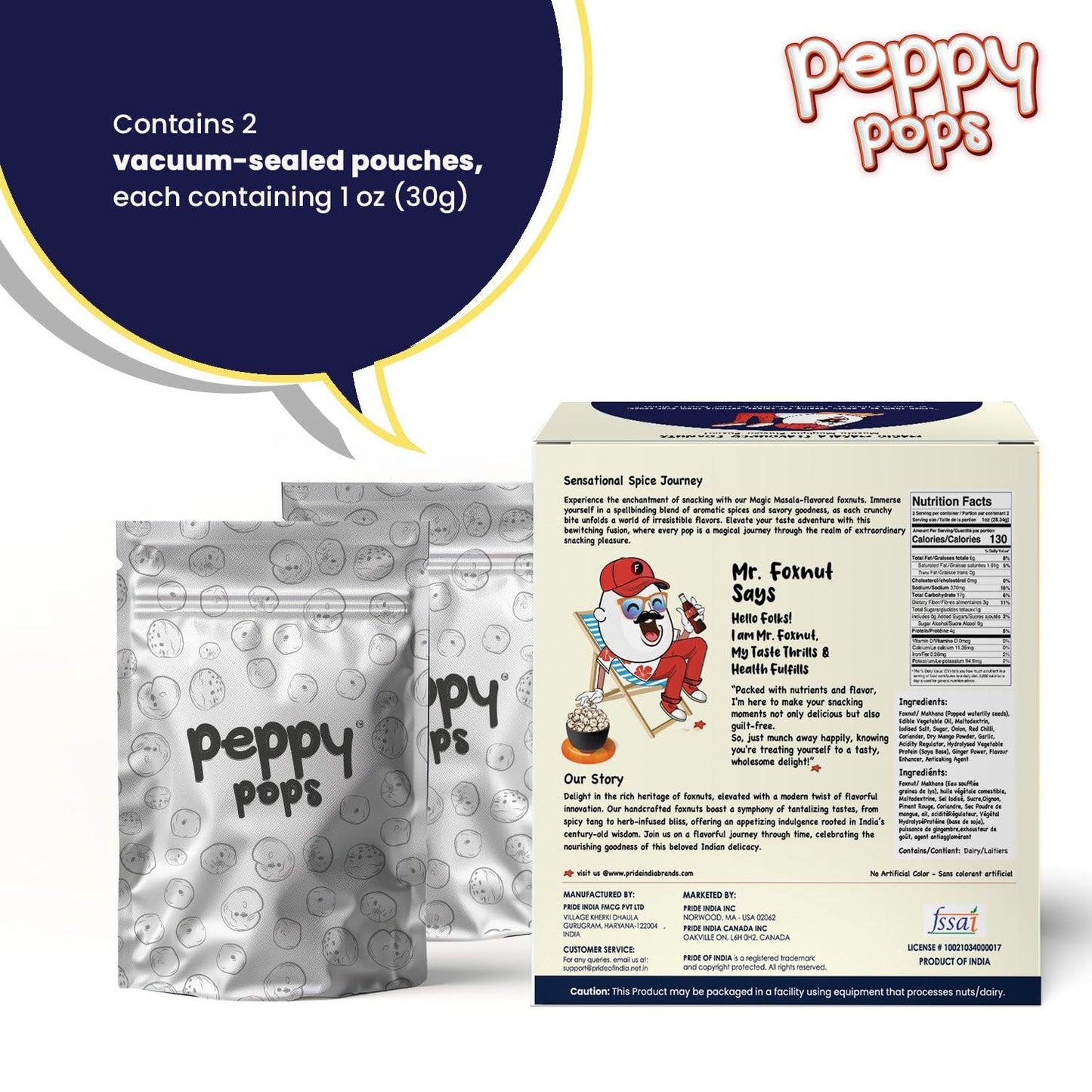 Peppy Pops Magical Masala Roasted Foxnuts 2 oz (57 gm) - Crunchy Makhana Snack, Vegan Gluten Free Protein Snack Pack, Low Calori
