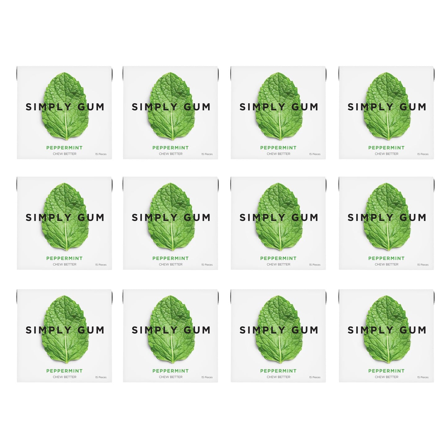 SIMPLY Gum Peppermint, Plastic-Free Natural Chewing Gum, 12 Pack (180 Pieces) | Vegan, Kosher, Non GMO, Aspartame Free and Sorbi