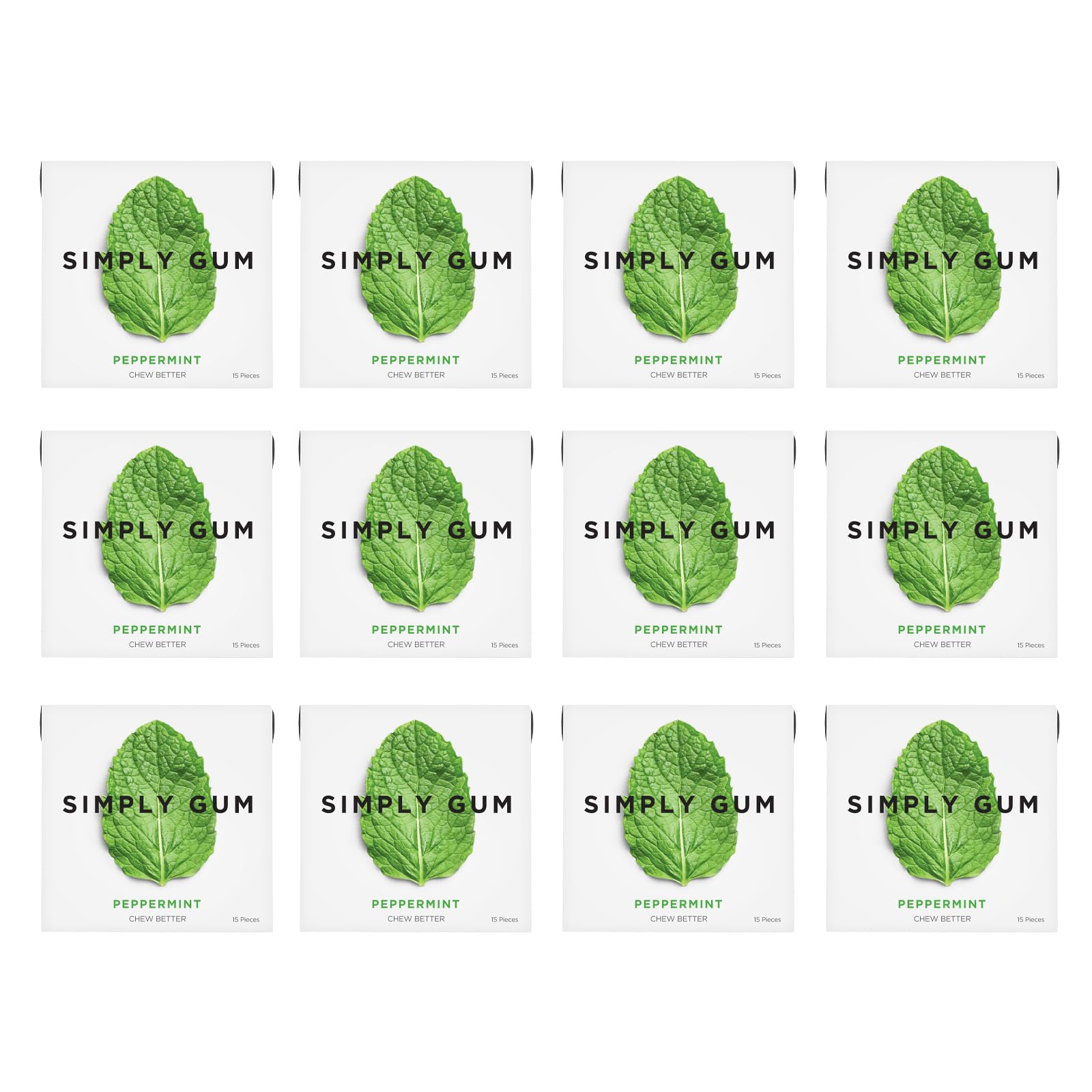 SIMPLY Gum Peppermint, Plastic-Free Natural Chewing Gum, 12 Pack (180 Pieces) | Vegan, Kosher, Non GMO, Aspartame Free and Sorbi