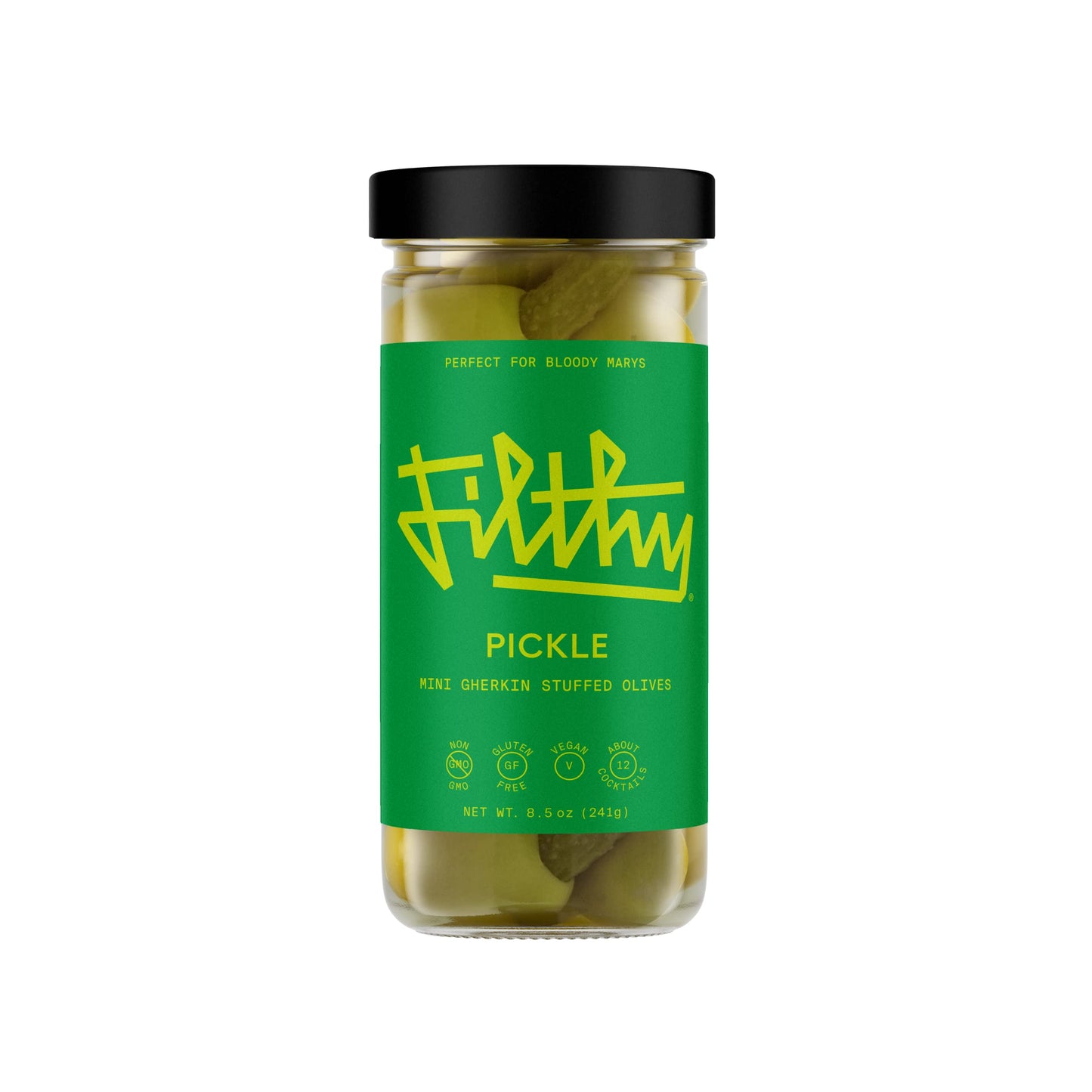 Filthy Food Pickle Stuffed Olives, Premium Cocktail Garnish, 8.5 Oz Jar, Green, 12 Olives