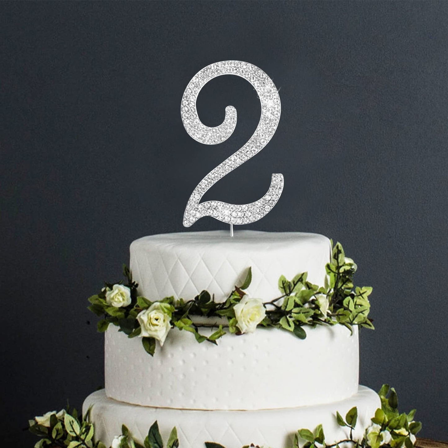 Number Cake Topper 2, Uniideco Silver Rhinestone Premium Metal Bling Bling Cake Decor, Sparkly Happy Birthday Wedding Anniversar