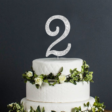 Number Cake Topper 2, Uniideco Silver Rhinestone Premium Metal Bling Bling Cake Decor, Sparkly Happy Birthday Wedding Anniversar