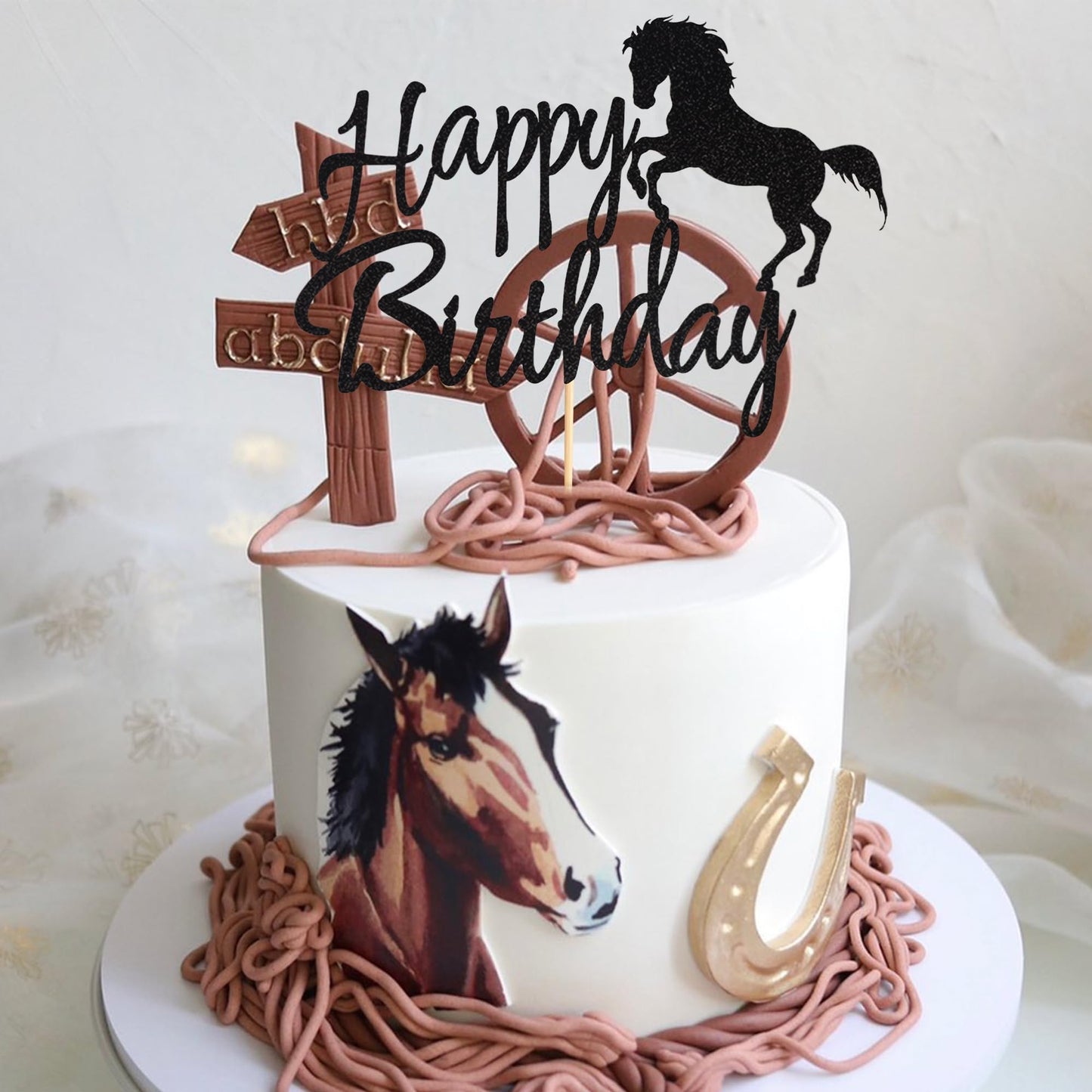 Arthsdite Horse Birthday Cake Topper, Black Glitter, Medium Size, Cardboard/Bamboo, Horse Racing Theme Party Decoration