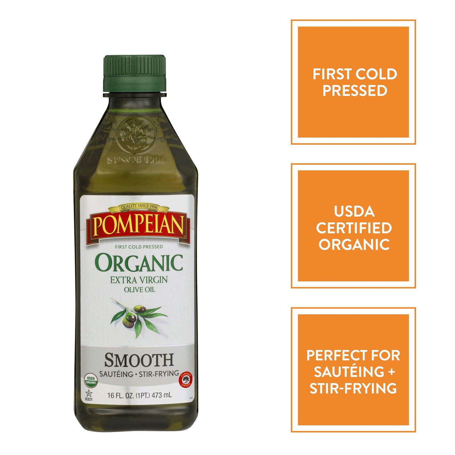 Pompeian Usda Organic Smooth Extra Virgin Olive Oil, Contains Polyphenols, First Cold Pressed, Smooth, Delicate Flavor, Perfect For Sautéing & Stir-Frying, 16 Fl. Oz