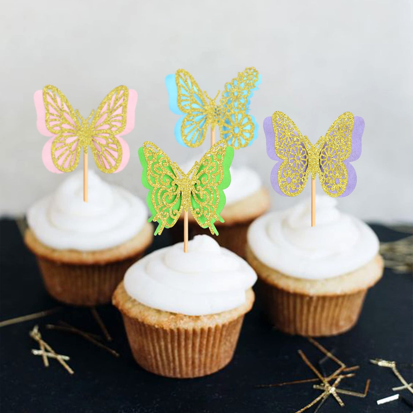 Ercadio 24 Pack Butterfly Cupcake Toppers - Glitter Double Layers Gold Butterfly Cupcake Picks 3D For Wedding Anniversary Kids B