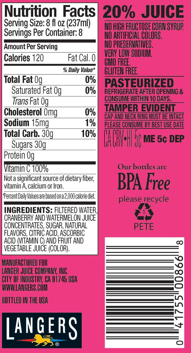 Langers Juice Cocktail, Cranberry Watermelon, 64 fl. oz., Pack of 8