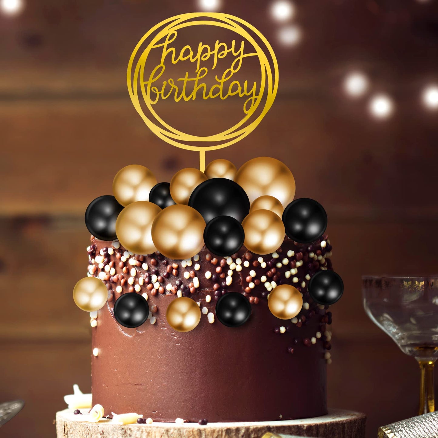 Boao Mini Colorful Balls Cake Topper Set, 25 Pcs Acrylic and Foam, Black and Gold, DIY Cupcake Insert for Weddings and Birthdays